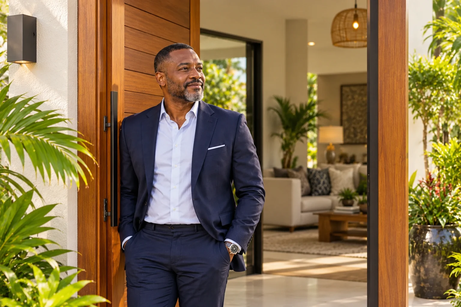 A confident Nigerian man in a blazer and wristwatch standing in the doorway of a beautiful home